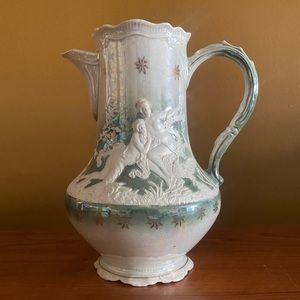 Antique green lusterware pitcher vase with Grecian scene